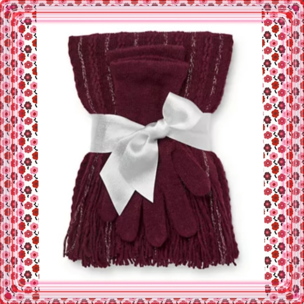 (Wine)NY & Company Lurex Scarf & Gloves Gift Set